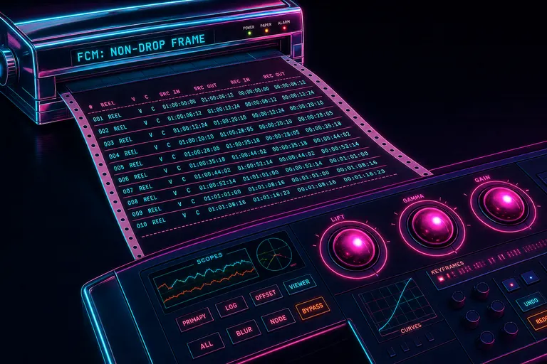 A neon EDL printout pulled from a chrome dot-matrix printer, each event labeled with timecode columns, sliding toward a colorist's grade panel