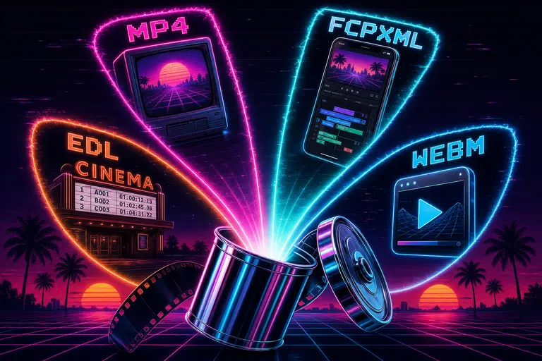 A chrome film canister cracked open into four glowing neon portals labeled MP4, FCPXML, EDL, WebM, each portal opening onto a different destination