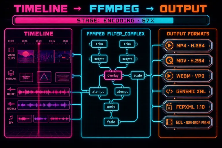 Diagram of the server render pipeline — timeline on the left, ffmpeg filter_complex graph in the middle, six format outputs on the right, with a live progress bar across the top