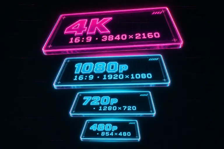 A vertical stack of four glowing resolution preset cards — 4K, 1080p, 720p, 480p — each card showing its pixel dimensions in chunky neon type