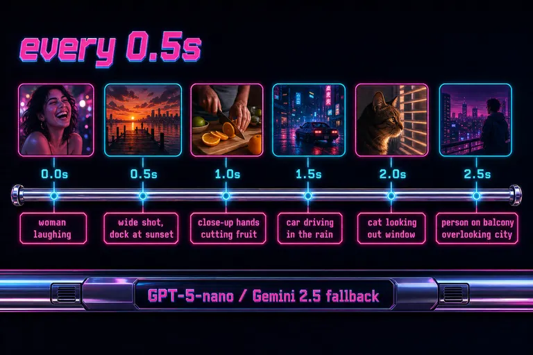 Diagram showing a video timeline sliced every half-second into frames, each labeled with a short AI description