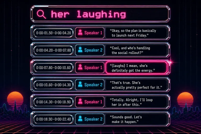Diagram showing a stacked transcript with timestamps and two color-coded speaker labels