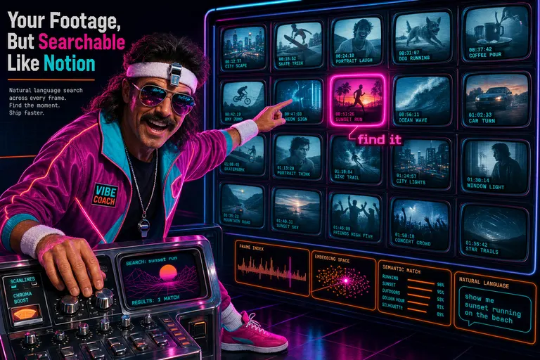 Gnarles Chopper standing at a glowing chrome CRT contact-sheet wall, coaching the camera while pointing at a matched frame