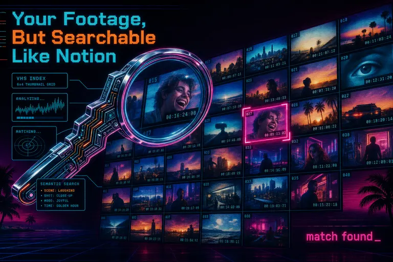 Chrome circuitry magnifying glass hovering over a wall of glowing VHS contact-sheet thumbnails with one frame lit hot pink as the match