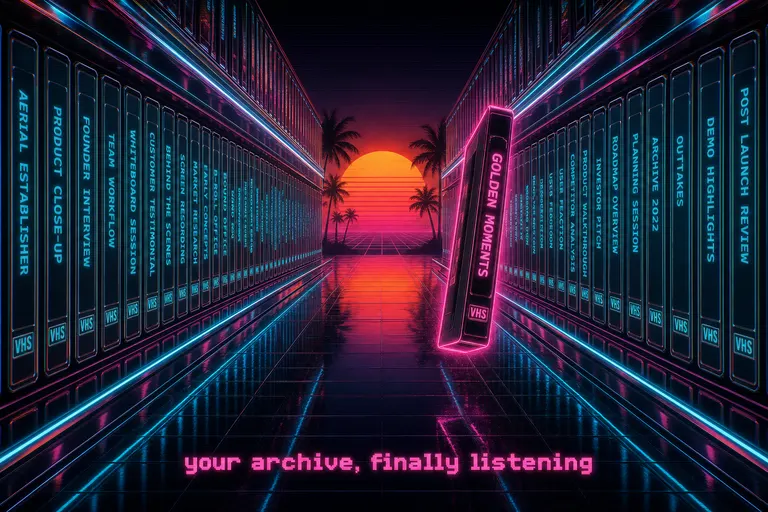 Distant chrome library of glowing VHS spines stretching to a synthwave palm-tree sunset