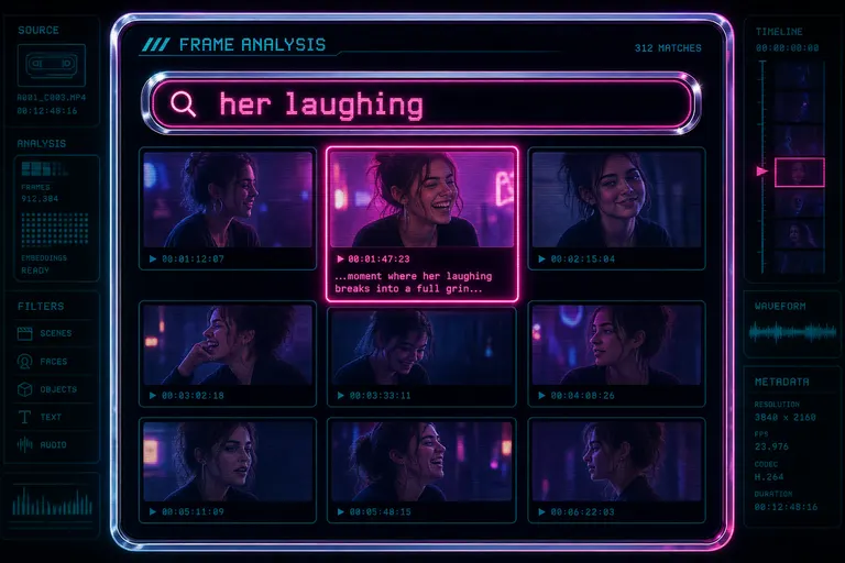 Stylized mock screenshot of the frame grid with a filter query and a single matching thumbnail glowing