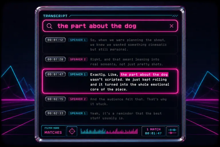 Stylized mock screenshot of the transcript panel filtered to a single matching segment