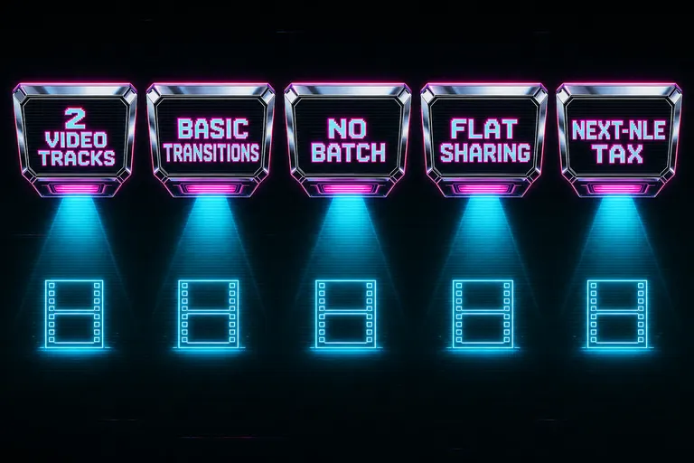 A diagram with five chrome ceiling tiles labeled with the five iMovie limits creators hit