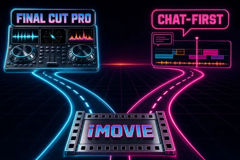 A diagram of two glowing roads diverging from an iMovie filmstrip — one to Final Cut Pro craft tools, one to a chat-first chopper