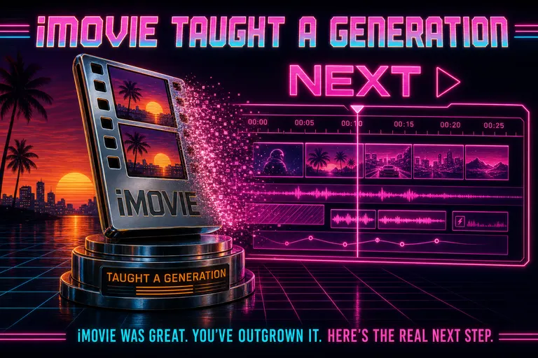 A chrome iMovie filmstrip tilting on a pedestal as its end frame dissolves into a glowing magenta VibeChopper timeline