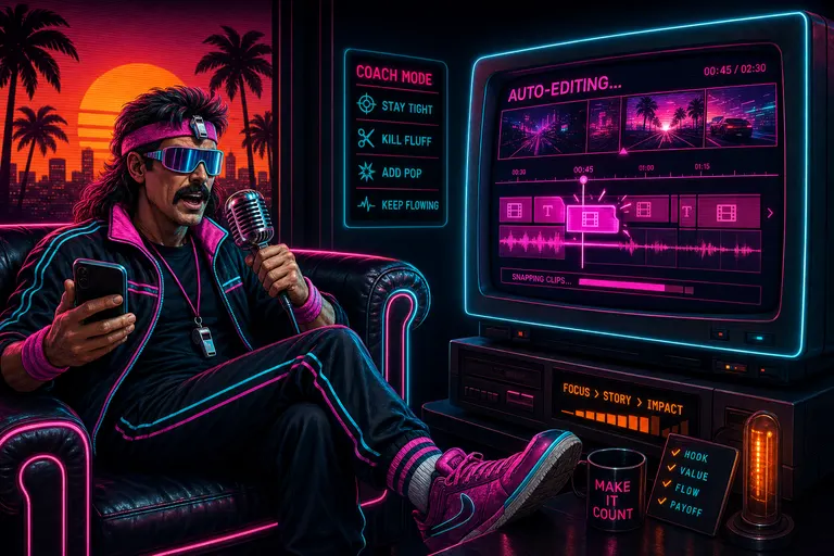 Gnarles on a neon couch with a phone in hand, speaking into a chrome microphone as a magenta timeline auto-edits on a CRT in front of him