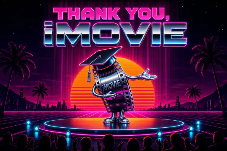 A chrome iMovie filmstrip taking a bow on a neon-lit stage as a magenta sunset rises behind it