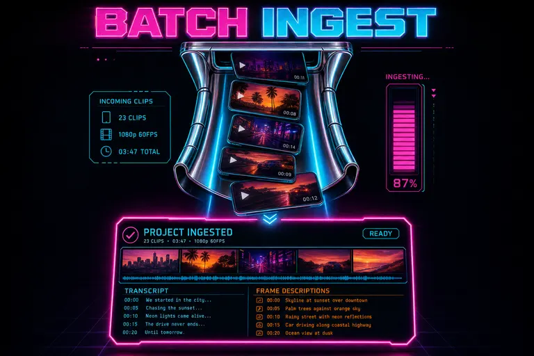 A stylized depiction of the batch upload panel — a stack of phone clips dropping into a chrome chute and emerging as a fully ingested project