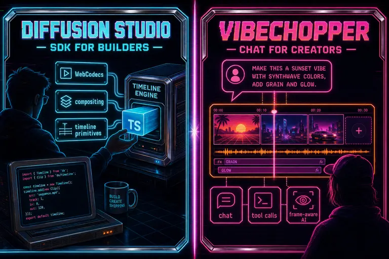 Side-by-side diagram contrasting Diffusion Studio (an SDK box with a developer plugging modules into a timeline engine) and VibeChopper (a chat bubble driving an end-user timeline)