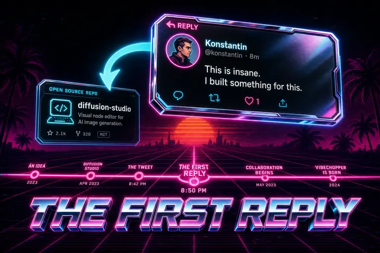A glowing chrome reply-tweet card hovering above a magenta CRT timeline, the reply arrow pointing back to an open-source repo card
