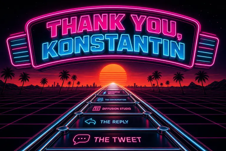 A neon marquee sign reading 'THANK YOU, KONSTANTIN' above a chrome timeline that fades into a sunset over a grid horizon