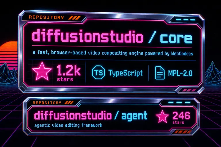 Stylized mock-screenshot of a GitHub repository card for diffusionstudio/core, with star count, language tag, and a one-line description, all rendered as a chrome neon panel