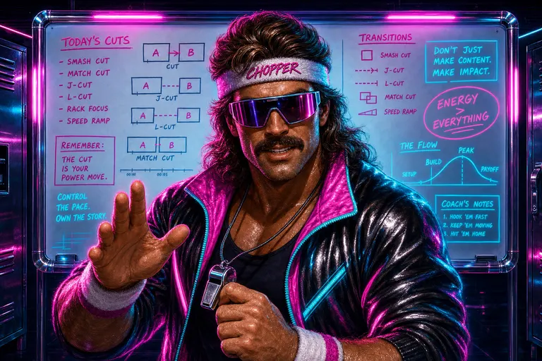 Gnarles Chopper in a sweatband and warmup jacket stands in front of a chrome locker-room whiteboard covered in cuts and notes, one hand raised mid-coach, the other gripping a chrome whistle