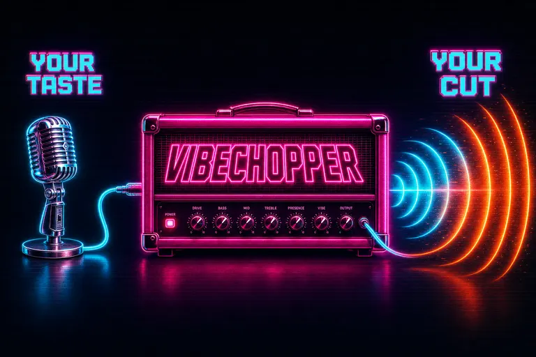 A diagram showing a small chrome microphone labeled YOUR TASTE wired through a glowing pink amplifier labeled VIBECHOPPER, with sound waves labeled YOUR CUT booming out the other side