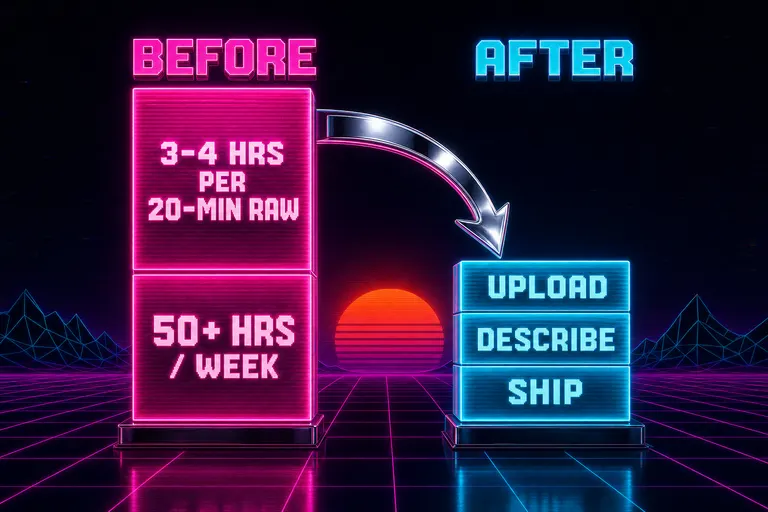 A two-column bar chart labeled BEFORE and AFTER. The BEFORE column shows a tall stack of bars labeled with hours; the AFTER column shows a much shorter stack