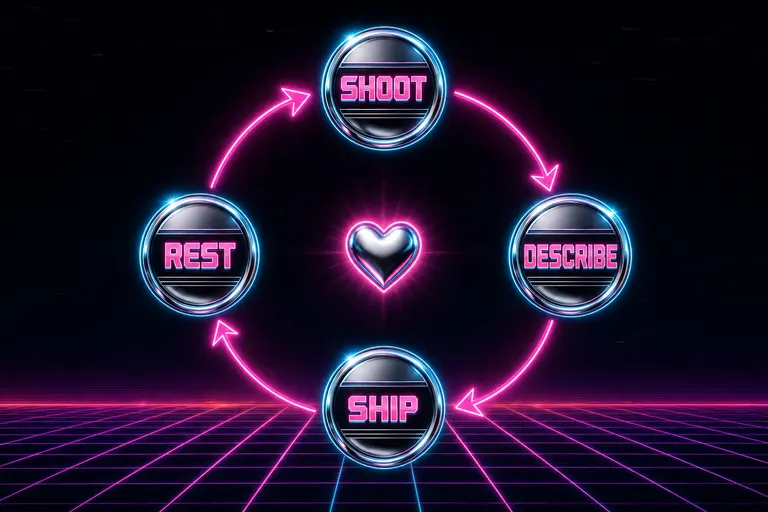A circular feedback loop diagram with four nodes labeled SHOOT, DESCRIBE, SHIP, REST, glowing arrows running clockwise between them