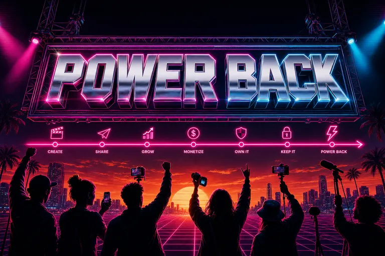 A massive chrome banner reading POWER BACK floating above a glowing magenta timeline with the silhouettes of creators raising their hands toward it