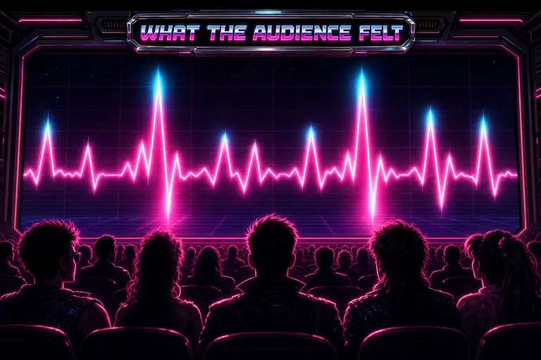 A glowing waveform shaped like a heartbeat ECG line running across an audience of synthwave silhouettes, the peaks of the waveform glowing brighter where the audience reacts