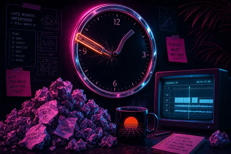 A chrome wall clock at 1:47am with a frozen razor tool stuck inside its face, surrounded by a small mountain of crumpled drafts and an unfinished cup of coffee