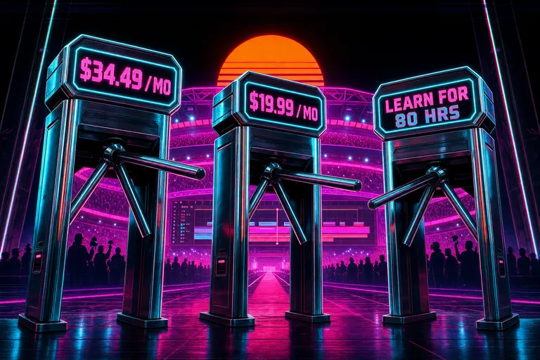 Three towering chrome turnstiles labeled with subscription prices blocking the entrance to a glowing neon timeline arena