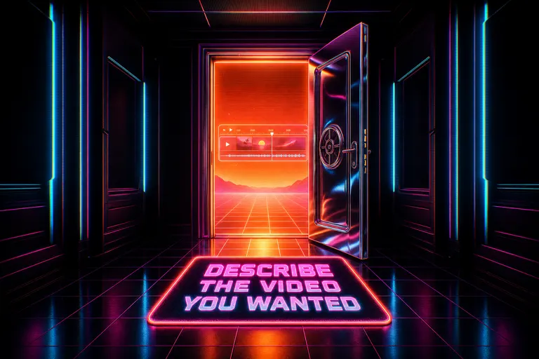 An open chrome door at the end of a neon corridor with a glowing welcome mat that reads DESCRIBE THE VIDEO YOU WANTED