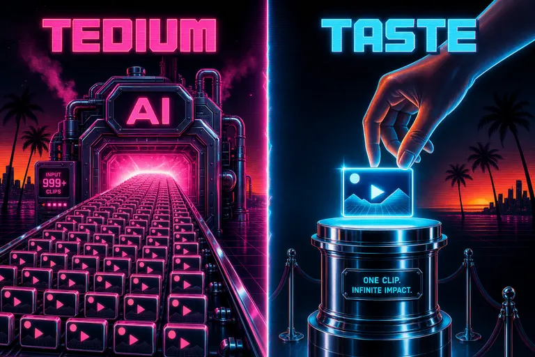 A split-screen image. On one side a chrome conveyor belt labeled TEDIUM carries hundreds of identical clip thumbnails into a furnace; on the other a single creator hand labeled TASTE places one glowing clip onto a pedestal