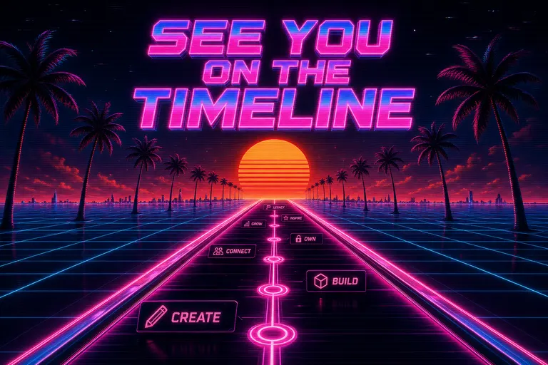 A glowing magenta timeline shaped like a road stretching toward a chrome sunset over a grid-floor horizon, palm-tree silhouettes flanking it, the words SEE YOU ON THE TIMELINE floating in the sky