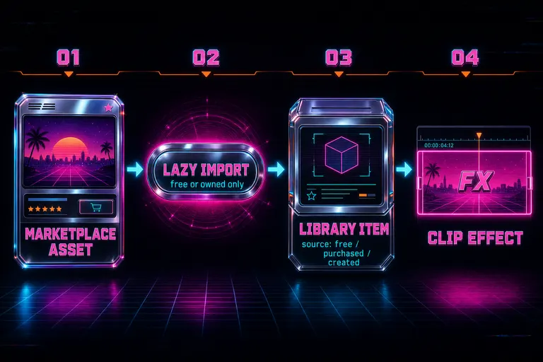 Diagram of the apply flow — marketplace asset to library item to clip effect, with the lazy-import step highlighted
