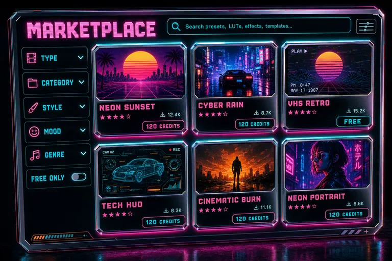 A stylized marketplace browser grid showing six asset tiles with thumbnails, ratings, downloads, and price tags in credits