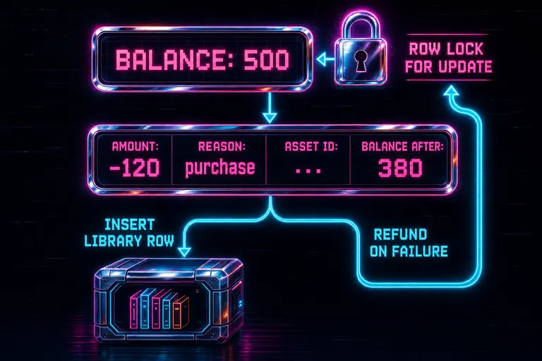 Diagram of the credit ledger — user balance row locked, deduction recorded, library row inserted, refund branch on failure