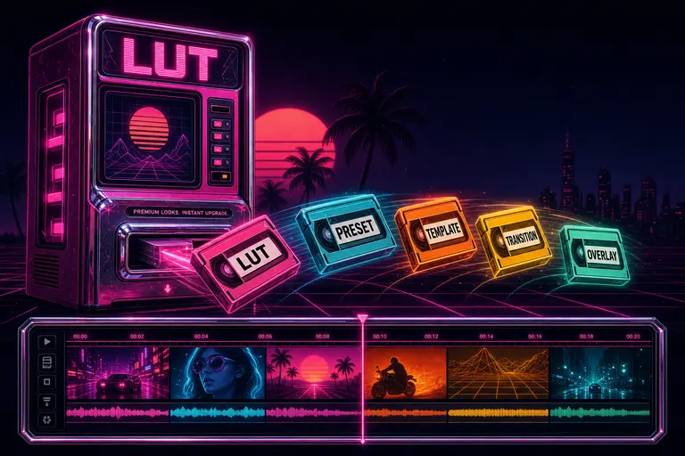 A neon-pink retrofuture vending machine dispensing glowing LUT cartridges into a chrome timeline below it