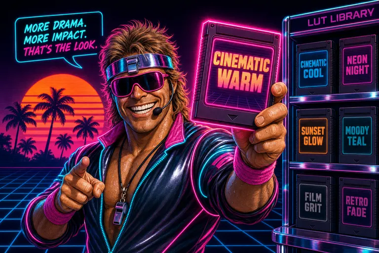 Gnarles in a chrome-rim sweatband holding up a glowing LUT cartridge like a trophy, grinning at the camera