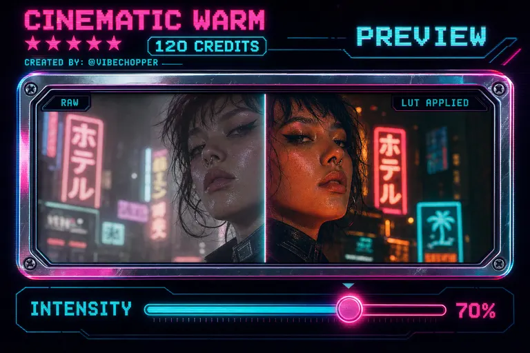 A preview panel showing a clip with a LUT applied next to the same clip without it, a slider underneath labeled INTENSITY