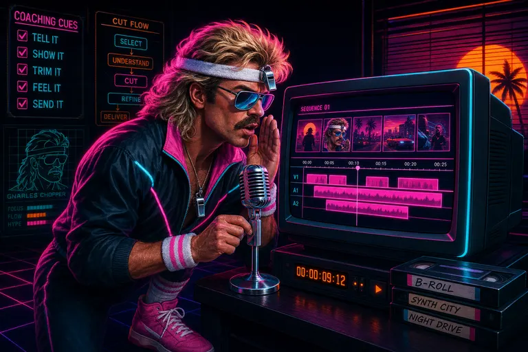 Gnarles Chopper in a sweatband and warmup jacket leaning toward a glowing CRT monitor, whispering into a microphone, the screen showing a magenta timeline