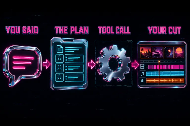 Diagram: chat bubble flows through a planning dossier to a tool call and then to a timeline edit