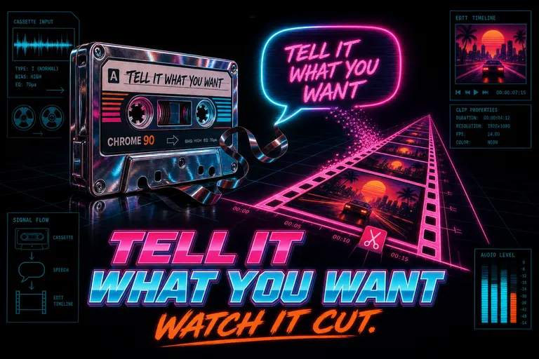 A vintage cassette tape with magnetic tape spilling into a glowing speech bubble that becomes a cut clip on a magenta timeline