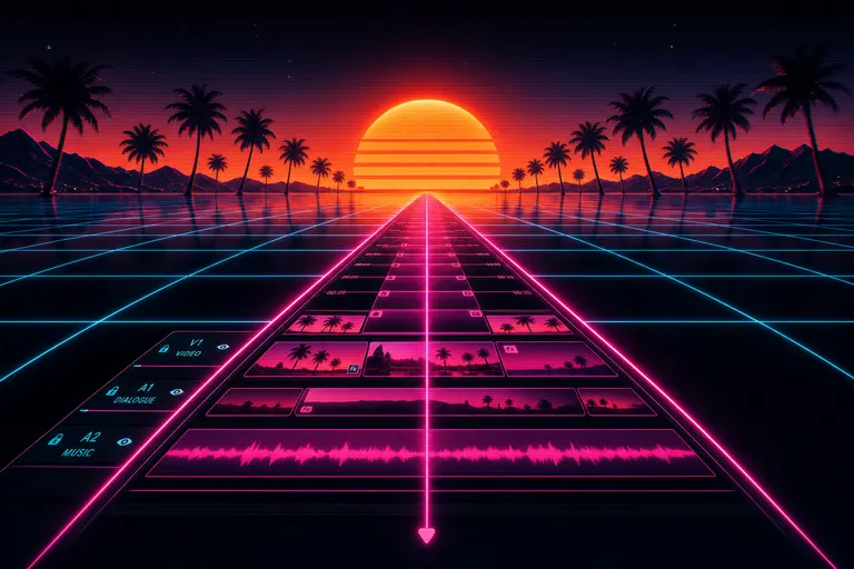 A glowing magenta timeline stretching into a chrome sunset over a grid-floor horizon with palm-tree silhouettes