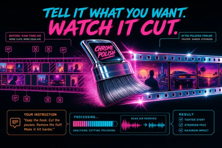 A retro chrome polishing brush sweeping across a timeline of small thumbnail clips, leaving behind a tighter, shinier filmstrip