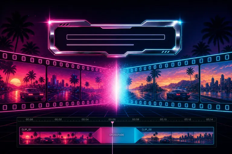 Two filmstrip clips meeting at a glowing crossfade with a chrome lower-third name tag floating above