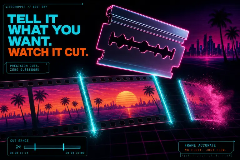 A neon razor blade hovering over a glowing filmstrip with two cyan cut-marks burning through the frame