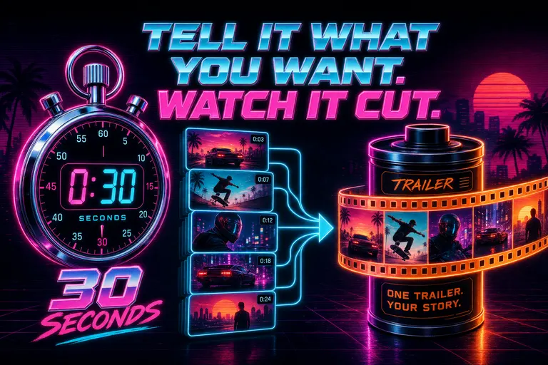 A neon stopwatch counting down 30 seconds beside a stack of best-moment thumbnails feeding into a glowing trailer reel