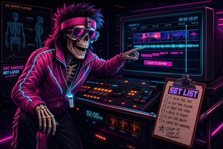 Gnarles Chopper in his neon warmup jacket and sweatband, gesturing at a glowing CRT timeline like a coach calling a play.