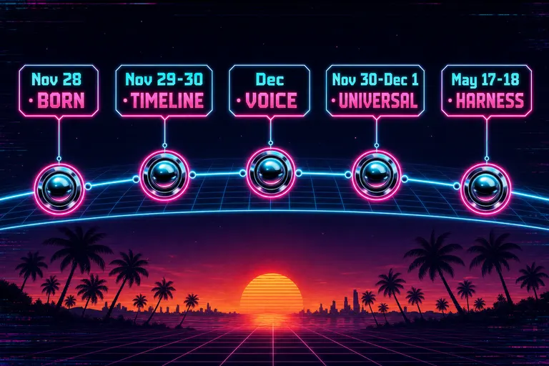 A horizontal arc diagram of five waves, each plotted on a synthwave gridline, labeled with month and one-word theme.