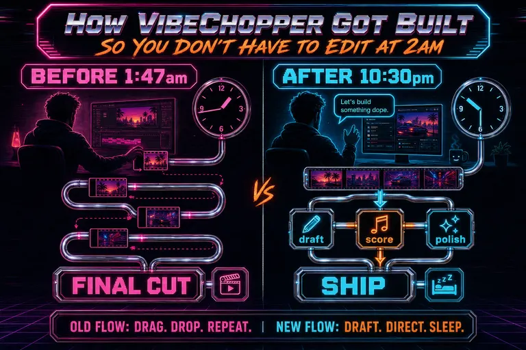 A before/after diagram contrasting an old 2am-edit workflow with a new draft-direct-sleep workflow, each as a chrome flowline.