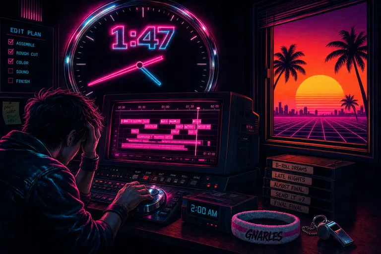 A creator slumped at a glowing magenta CRT timeline at 2am, while a chrome clockface looms behind them and a sunset palm grid pours in from the open window.